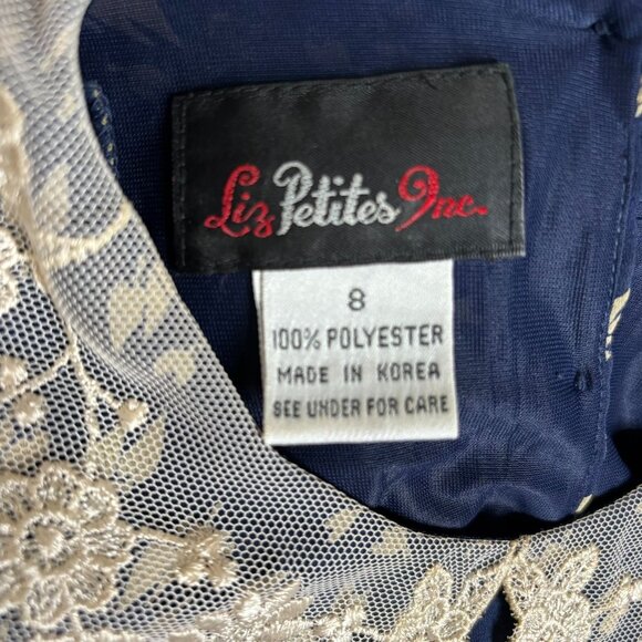 Vintage 80s Floral Midi Dress Medium Navy Blue Lace Collar 3/4 Sleeve Elastic - Picture 8 of 8